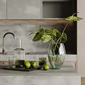 Decorative Ornaments Set with Green Plant Glass Vase Cups and Limes on Kitchen Countertop