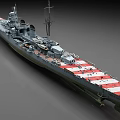 Gray Battleship With Red And White Striped Deck Turret And Military Equipment