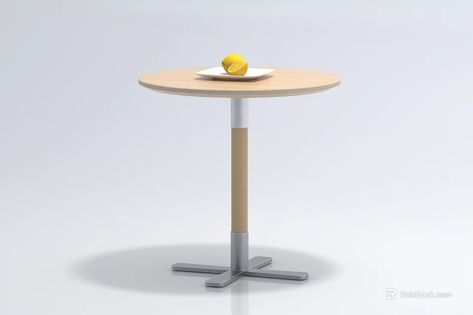 Round Wooden Coffee Table With Metal Base And Lemon On Plate 3d model 