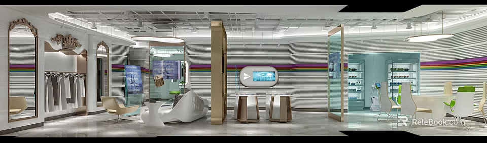 Modern Interior Space With Striped Walls Digital Screen And Stylish Seating 3d model 