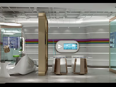 Modern Interior Space With Striped Walls Digital Screen And Stylish Seating 3d model