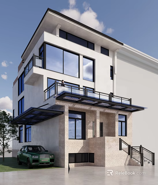 Modern Design Detached Villa with Large Glass Windows Black Railing Balconies and White Exterior 3d model 