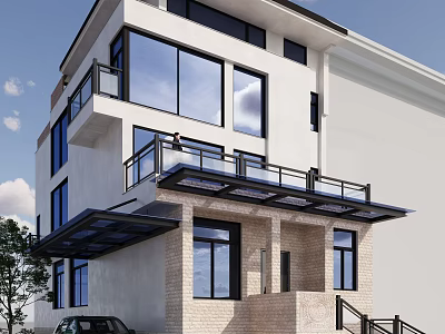 Modern Design Detached Villa with Large Glass Windows Black Railing Balconies and White Exterior 3d model