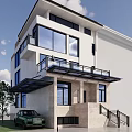 Modern Design Detached Villa with Large Glass Windows Black Railing Balconies and White Exterior