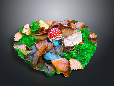 Autumn Forest Floor Scene With Red White Spotted Mushroom Fallen Leaves And Green Foliage 3d model