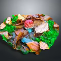 Autumn Forest Floor Scene With Red White Spotted Mushroom Fallen Leaves And Green Foliage