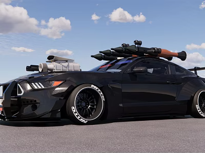 Black Modified Mustang Car With Roof Mounted Weapons And Custom Wheels 3d model