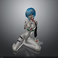 Anime Female Character With Blue Hair White Bodysuit Red Green Accents Kneeling Pose