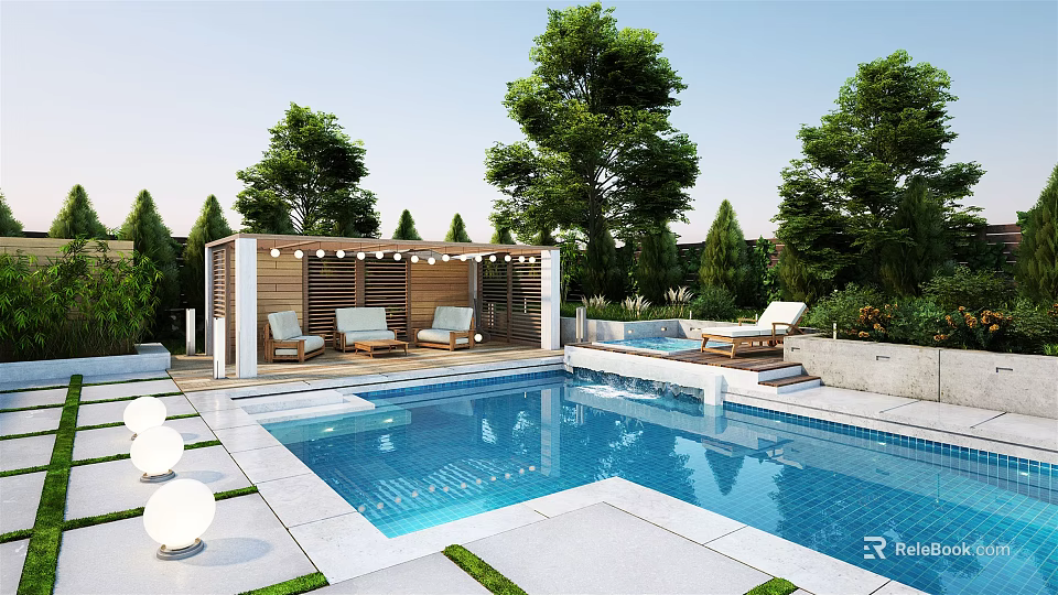 Serene Garden Landscape With Swimming Pool Pergola Seating And Lush Trees 3d model 
