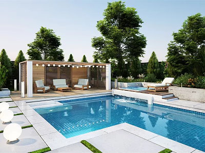 Serene Garden Landscape With Swimming Pool Pergola Seating And Lush Trees 3d model