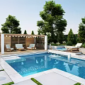 Serene Garden Landscape With Swimming Pool Pergola Seating And Lush Trees