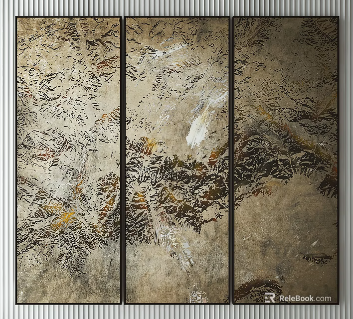Abstract Triple Panel Painting With Textured Design And Natural Leaf Patterns 3d model