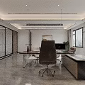 Modern Office Interior Design With Desk Chairs Bookshelves Sofa Marble Coffee Table And Plants