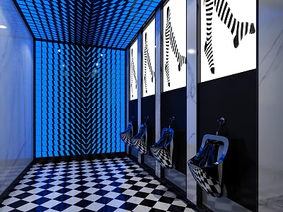 Modern Public Restroom With Blue Lighting Black And White Checkered Floor And Striped Wall Patterns 3d model