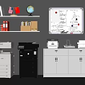 Office Workspace With Shelves Flags Globe Whiteboard Printers And Cabinets 3d model