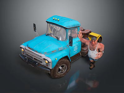 Man in Yellow Hat and Suspenders Waving Hand by Blue Truck 3d model