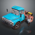 Man in Yellow Hat and Suspenders Waving Hand by Blue Truck