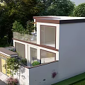 Modern Detached Villa Exterior With Yellow Front Door Steps And Balcony Glass Railing Greenery Lawn