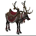 Festively Decorated Reindeer With Red Saddle Green Garlands Bells Red Leg Warmers And Red Nose