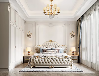 Luxury Bedroom With Gold Chandelier Carved Headboard Bed Nightstands Lamps White Curtains And Wooden Floors 3d model