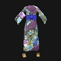 Traditional Japanese Kimono With Floral Pattern Blue Belt And Geta Sandals