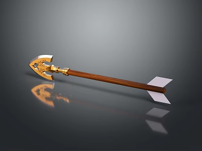 Golden Headed Decorative Spear With Brown Wooden Shaft And White Triangular Tail 3d model
