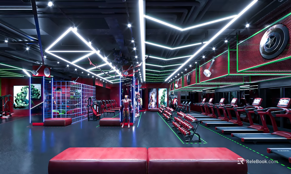 Modern Gym Interior With Fitness Equipment Red Accents And Neon Lighting 3d model 