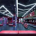 Modern Gym Interior With Fitness Equipment Red Accents And Neon Lighting