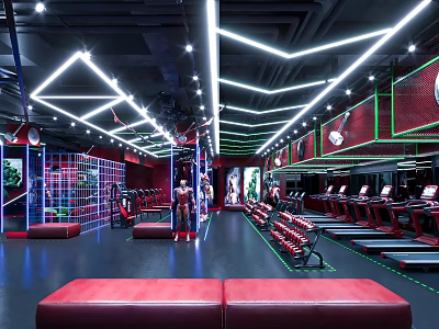 Modern Gym Interior With Fitness Equipment Red Accents And Neon Lighting 3d model