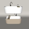 White and Beige Modern Bathtub With Black Faucet Tray and Bath Products