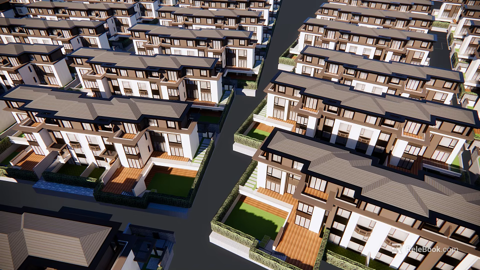 Row Of Modern Townhouses With Exterior Design Roofs Windows And Private Gardens 3d model 