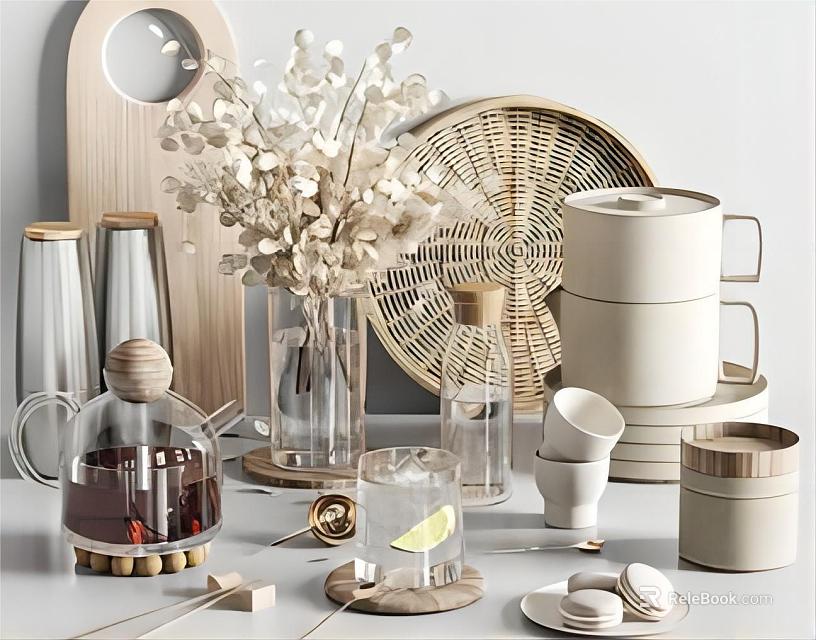 Elegant Modern Kitchenware Collection With Ceramic Mugs Glass Jars And Wooden Trays 3d model 