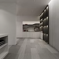Modern Interior Display Area Featuring White Curved Wall Gray Curtains Black Armchair And Pendant Lights