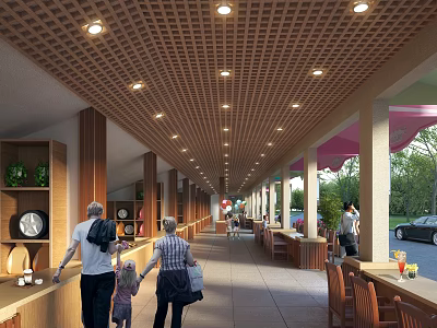 Vibrant Commercial Street With Pedestrians Wooden Structures And Outdoor Seating Areas 3d model