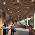 Vibrant Commercial Street With Pedestrians Wooden Structures And Outdoor Seating Areas