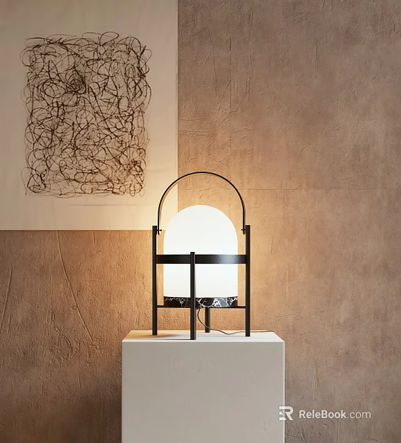 Modern Table Lamp With Black Metal Frame And White Round Lampshade On White Base 3d model 