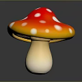 Red and White Spotted Mushroom with Yellow Gradient Cap and White Stem on Dark Background