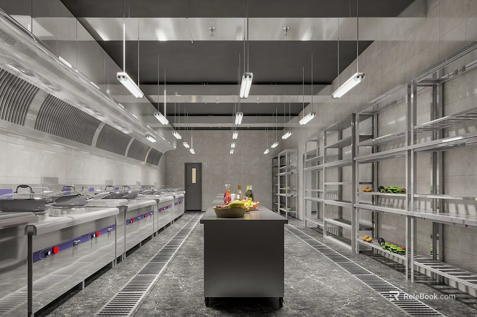 Commercial Kitchen With Stainless Steel Appliances Shelves Hanging Lights Fresh Ingredients And Central Island Counter 3d model 