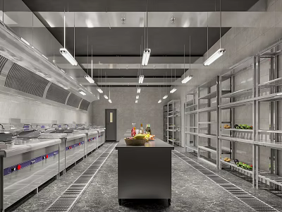 Commercial Kitchen With Stainless Steel Appliances Shelves Hanging Lights Fresh Ingredients And Central Island Counter 3d model