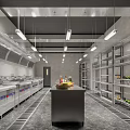 Commercial Kitchen With Stainless Steel Appliances Shelves Hanging Lights Fresh Ingredients And Central Island Counter