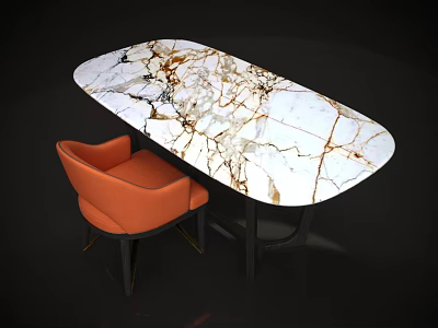 Modern Oval Office Desk With White Marble Top And Orange Armchair 3d model