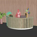 Curved Wooden Reception Desk with Woman Staff Computers Green Plants Wooden Walls and Black Floor