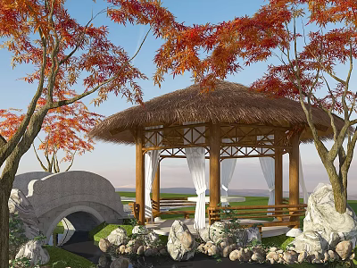 Rustic Gazebo With Thatched Roof White Curtains Red Maple Trees And Stone Bridge 3d model