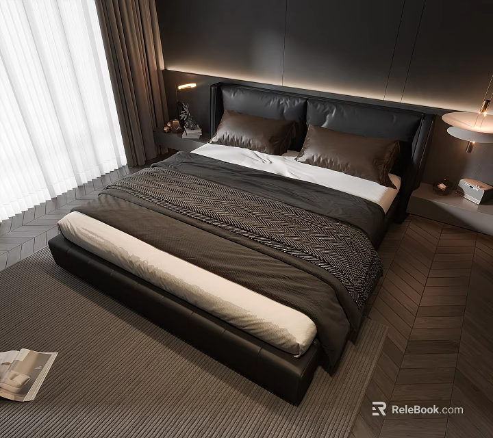 Modern Double Bed with Black Headboard Gray Blanket White Sheets Table Lamps and White Curtains 3d model 