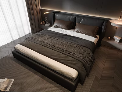 Modern Double Bed with Black Headboard Gray Blanket White Sheets Table Lamps and White Curtains 3d model