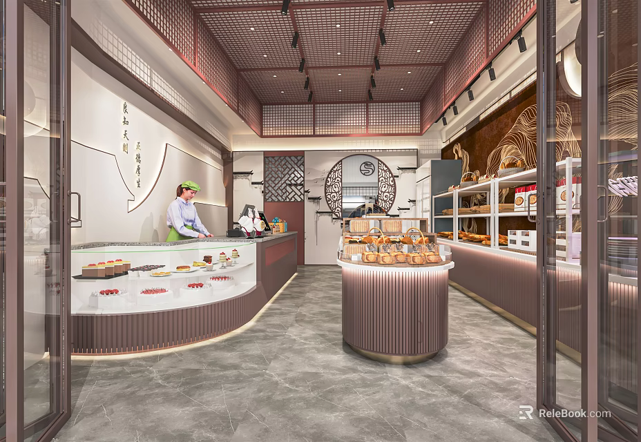 Elegant Dessert Shop Interior With Glass Display Cases Various Desserts Warm Lighting And Staff 3d model 