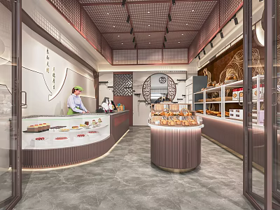 Elegant Dessert Shop Interior With Glass Display Cases Various Desserts Warm Lighting And Staff 3d model