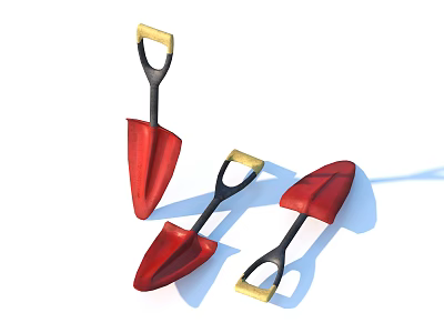 Three Red Shovels As Hardware Tools With Black Handles And Golden Grips 3d model