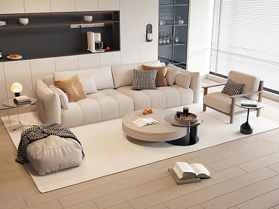 Modern Beige Sofa and Round Coffee Table Set with Pillows Armchair Rug and Natural Light 3d model