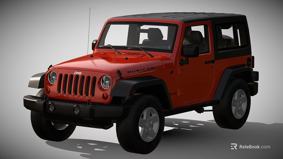Red Jeep Rubicon Off Road Vehicle With Black Top And Rugged Design 3d model 